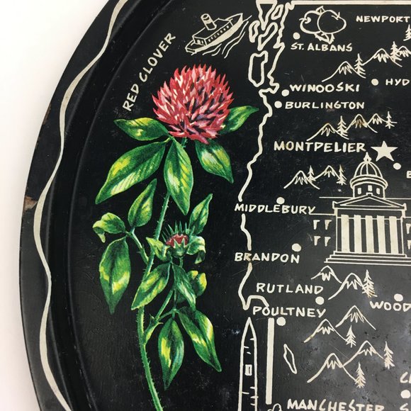 Vintage Aged Vermont New Hampshire Round Black Tin Metal Tray Souvenir Imagery - Picture 9 of 10